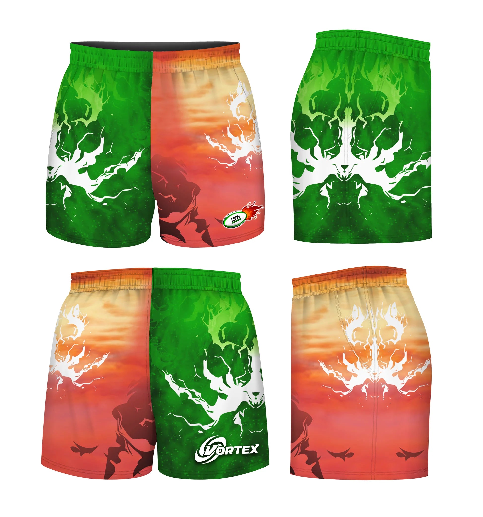 orange and green vortex rugby shorts